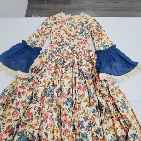 Vintage Floral Prairie Maxi Dress Small Medieval Full Skirt Bell Sleeves Cream - Picture 10 of 11